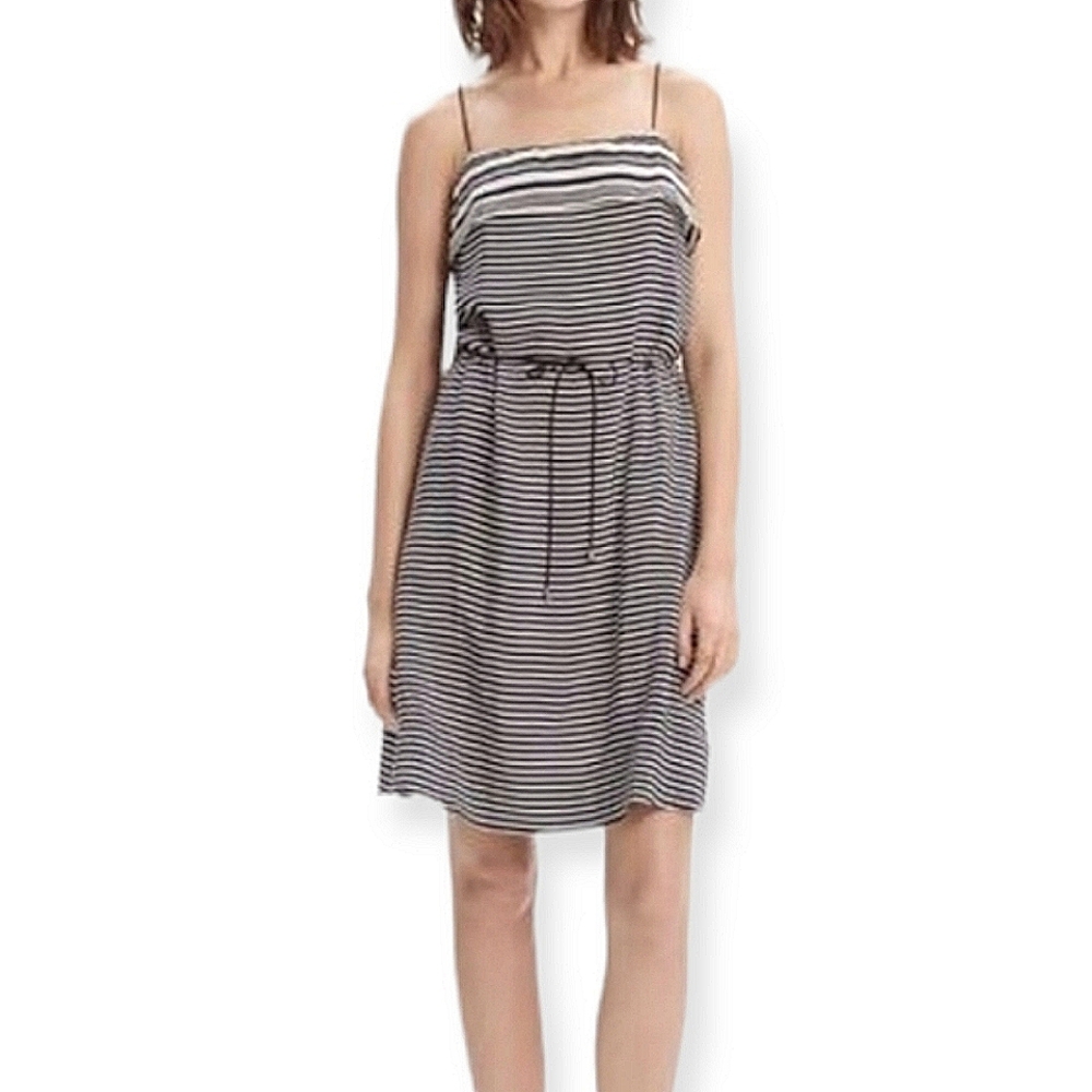 MADEWELL 100% Silk Black & Cream Striped Spaghetti Strap Sleeveless Midi Dress